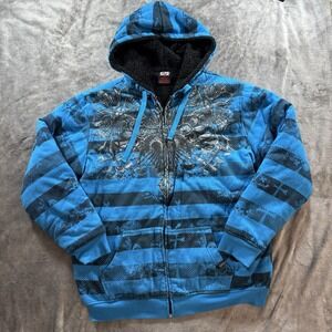 Vintage Y2K MMA Elite Hoodie Size L Blue Sherpa Lined Zip Up Skull Affliction
